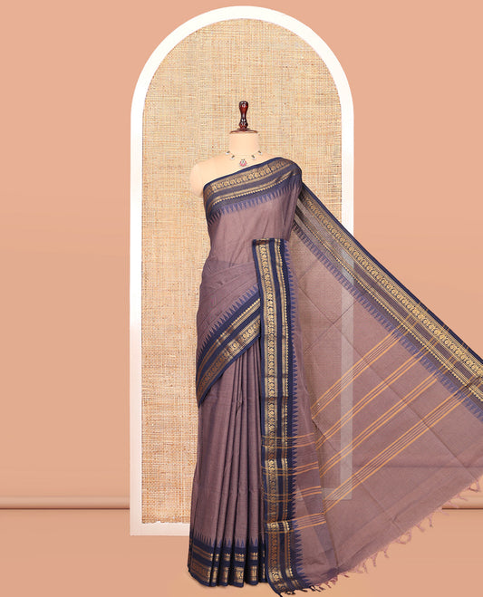 Brown Plain Chettinad Cotton Saree, Enriched by a Contrast Traditional Temple Rettai Pettu Peacock Border, a Striped Pallu and a Matching Blouse