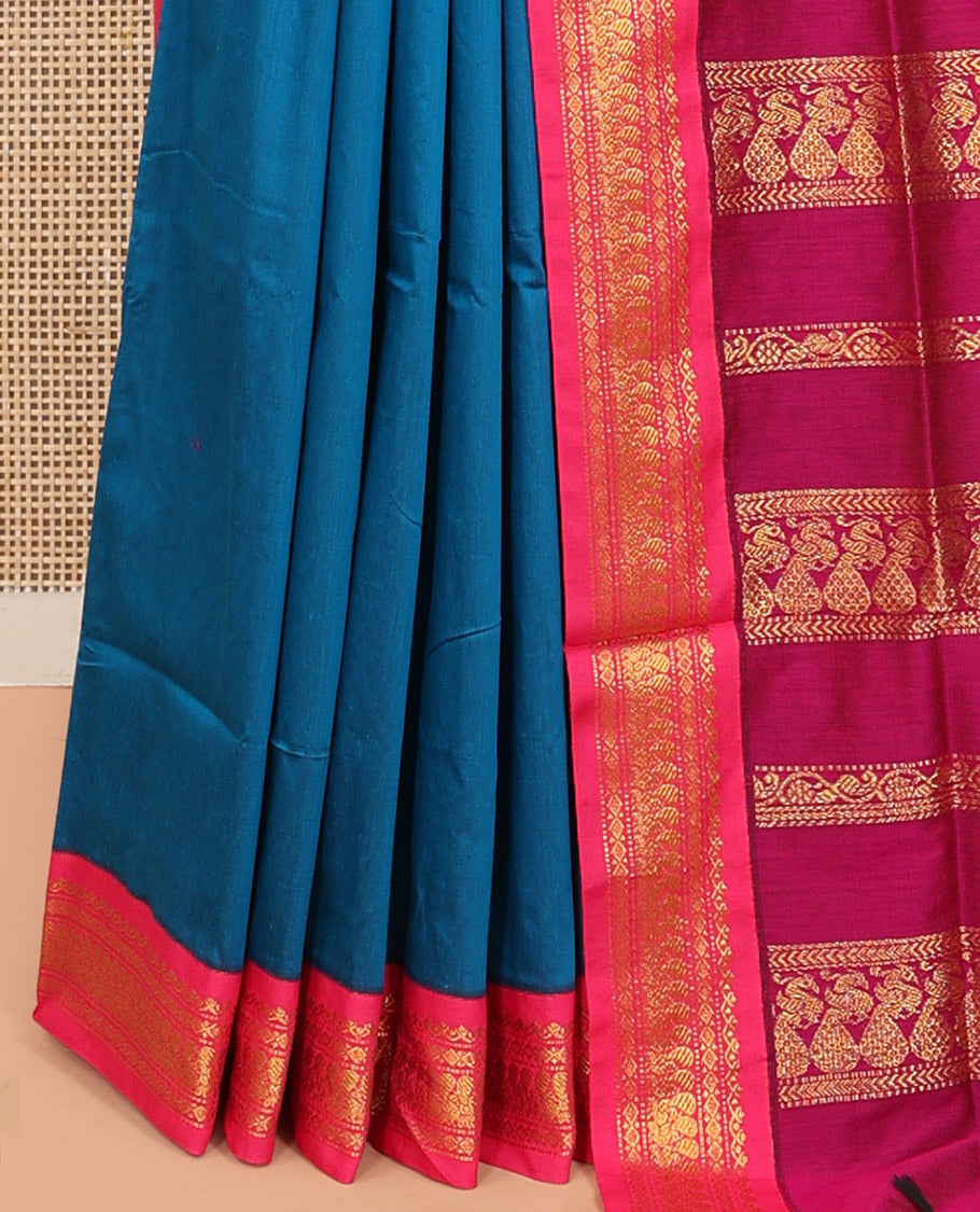 Blue Kalyani Cotton Saree, Woven with Thread Buttas, Complemented by a Contrast Traditional Border, Traditional Pallu, and a Contrast Blouse