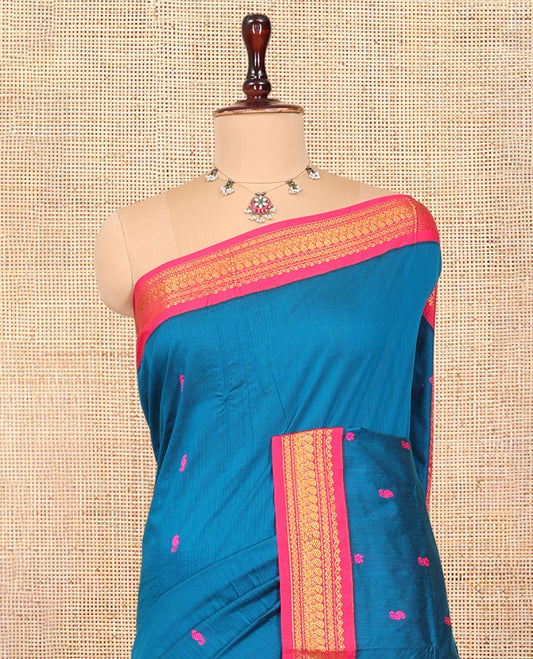 Blue Kalyani Cotton Saree, Woven with Thread Buttas, Complemented by a Contrast Traditional Border, Traditional Pallu, and a Contrast Blouse