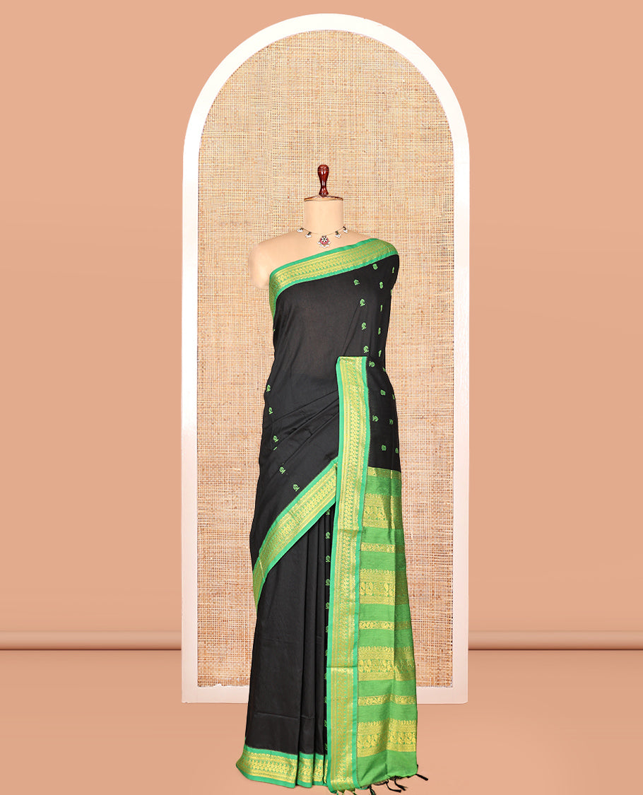 Black Kalyani Cotton Saree, Enthralled with Thread Buttas, a Contrast Traditional Zari Border, Grand Pallu, and a Contrast Blouse
