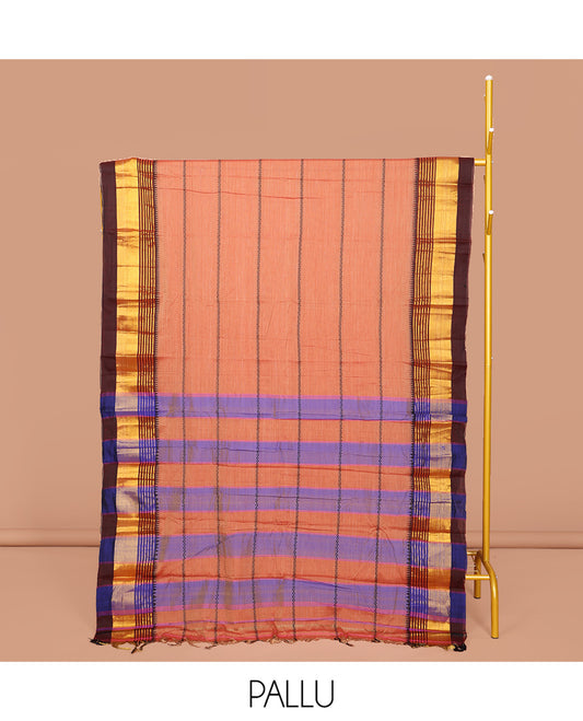 Peach Narayanpet Cotton Saree, Adorned with Veldhari Stripes, Complemented by a Contrast Temple Traditional Zari Design Border, Striped Pallu, and Comes Without a Blouse