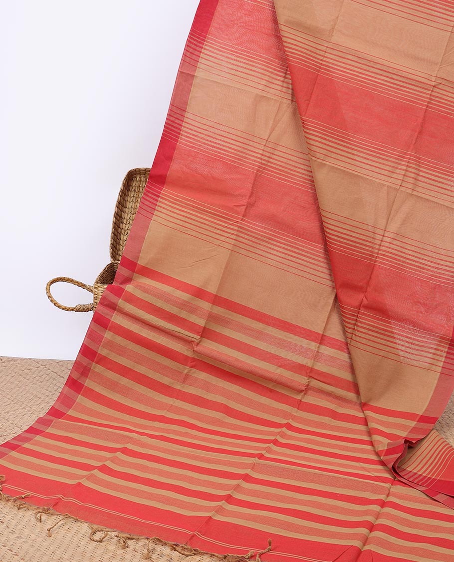 Red striped jute cotton saree, self-border & striped pallu