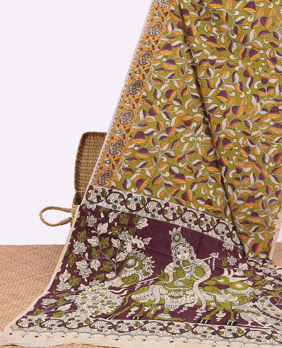 Green floral vine design machine printed kalamkari cotton saree with contrast floral border & pichwai design pallu