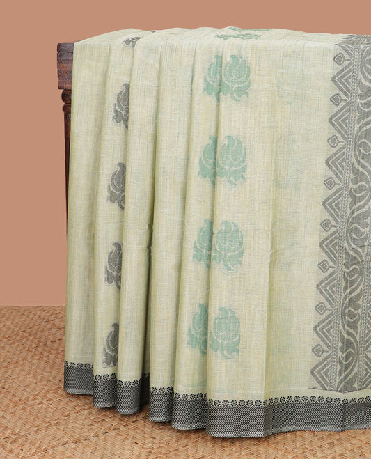 Green floral motifs kanchi cotton saree with contrast striped border & floral design pallu