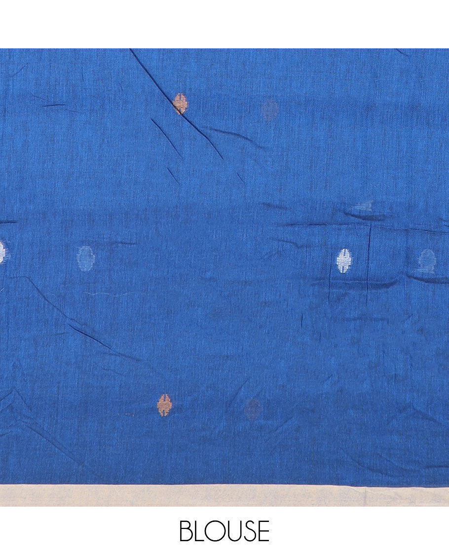Blue meena thread buttas Kadhi cotton saree, contrast piping border & pallu of 4-petal floral motifs & stripes