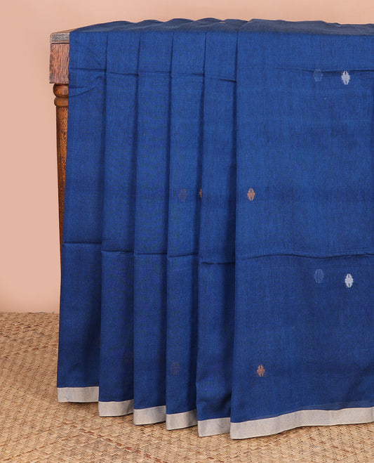 Blue meena thread buttas Kadhi cotton saree, contrast piping border & pallu of 4-petal floral motifs & stripes