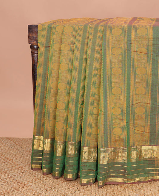 Green geometric design kanchi cotton saree with self intricate zari designb order & striped pallu