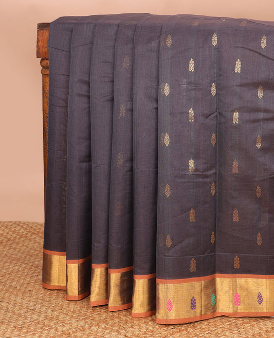 Black motifs venkatagiri cotton saree with contrast zari border & striped, motifs pallu