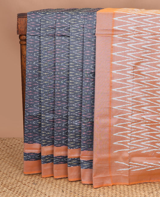 Grey buttas ikkat cotton saree, contrast ikkat border & pallu of ikkat chevron design