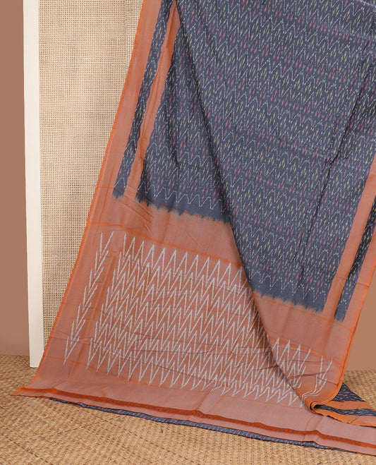 Grey buttas ikkat cotton saree, contrast ikkat border & pallu of ikkat chevron design