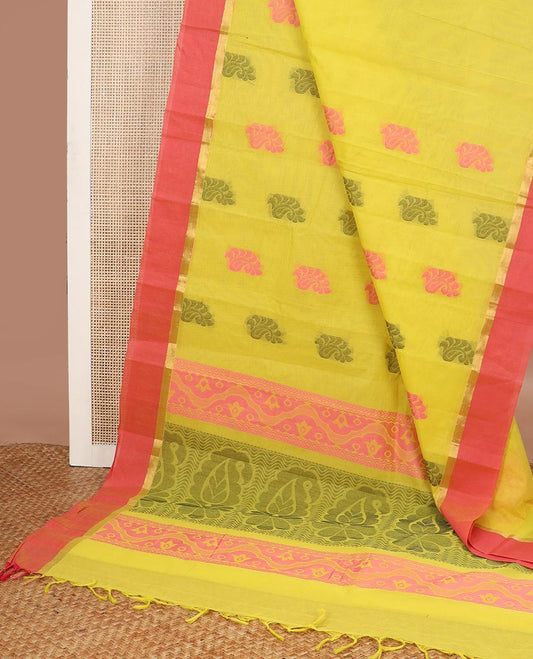 Lemon yellow motifs kanchi cotton saree with contrast border & floral design pallu