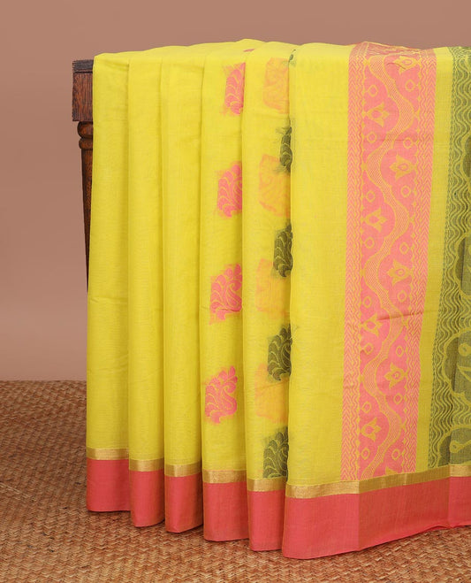 Lemon yellow motifs kanchi cotton saree with contrast border & floral design pallu