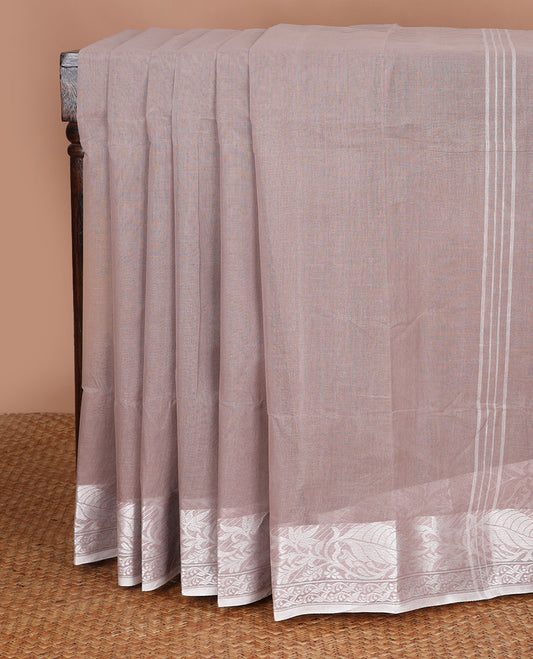 Brown bengal cotton saree with contrast floral design border & striped pallu