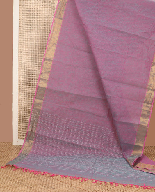 Pink heathered jute cotton saree, gleaming zari border & striped pallu