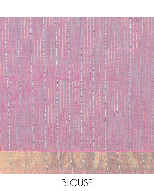 Pink heathered jute cotton saree, gleaming zari border & striped pallu