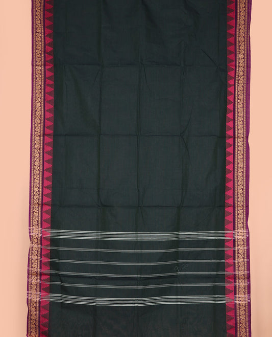 Deep green plain nine-yard cotton saree, contrast traditional temple border, and striped pallu