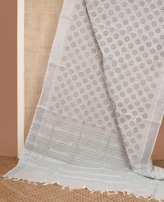 Beige flower buttas printed cotton saree, zari border and striped pallu