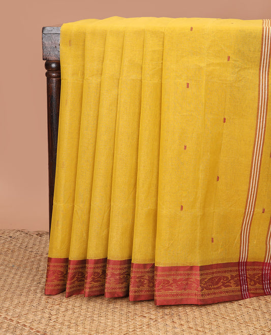 Yellow buttas Bengal cotton saree, contrast paisley and floral creeper border, and striped pallu