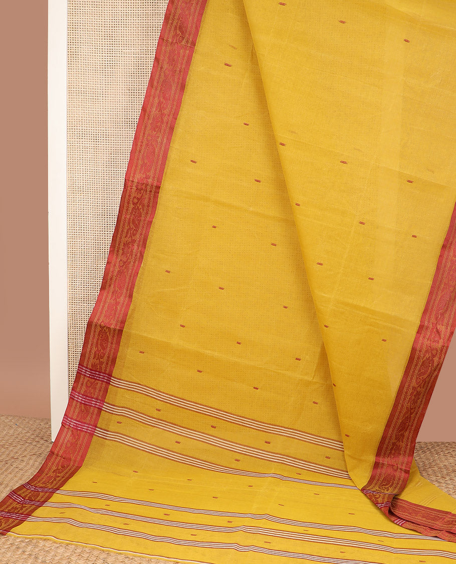 Yellow buttas Bengal cotton saree, contrast paisley and floral creeper border, and striped pallu