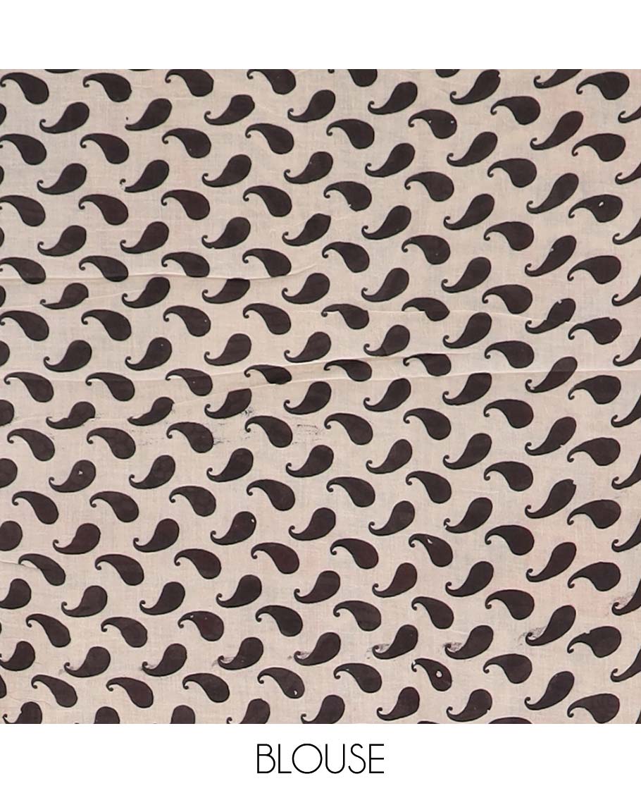 Deep green floral vine, and deer machine printed kalamkari cotton saree, contrast peacock printed border, and pallu of peacock print