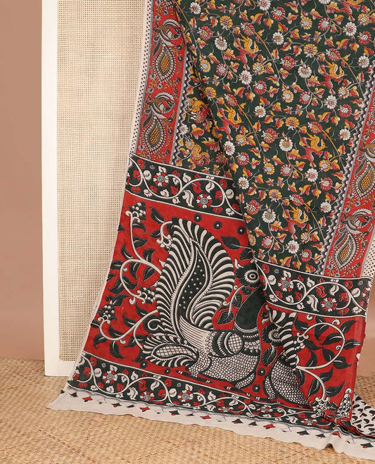 Deep green floral vine, and deer machine printed kalamkari cotton saree, contrast peacock printed border, and pallu of peacock print