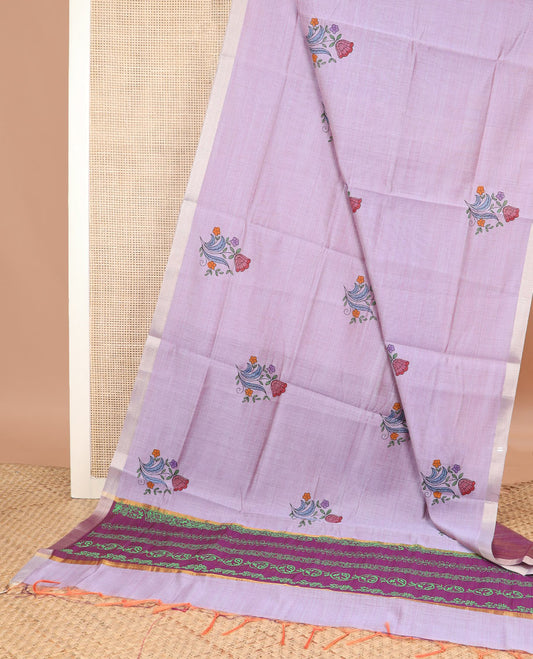 Lavender floral buttas printed chirala cotton saree, bavanji border, and contrast floral print pallu