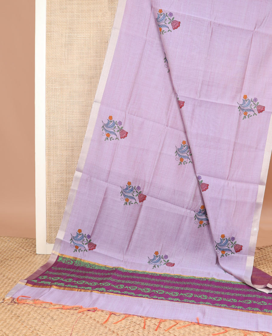 Lavender floral buttas printed chirala cotton saree, bavanji border, and contrast floral print pallu
