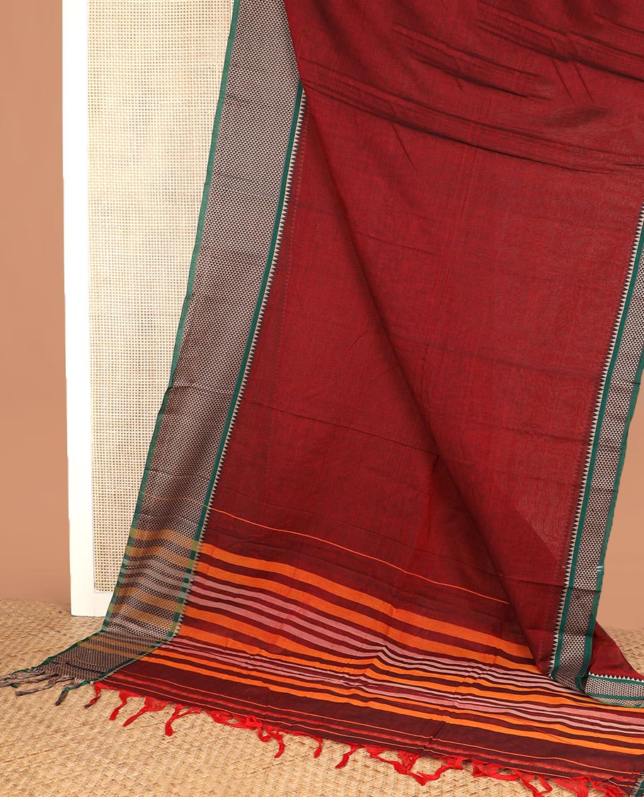 Maroon plain Narayanapet cotton saree, contrast temple ara maadam border, and striped pallu