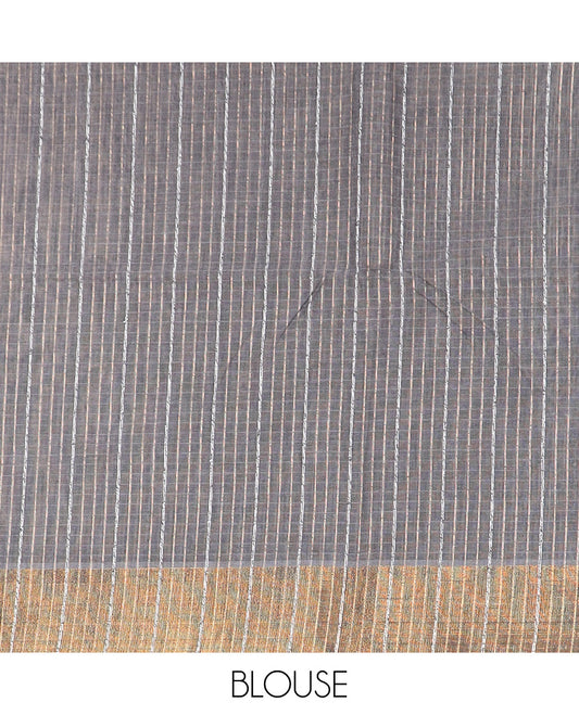 Elephant grey sparesly striped jute cotton saree, bavanji border, and striped pallu