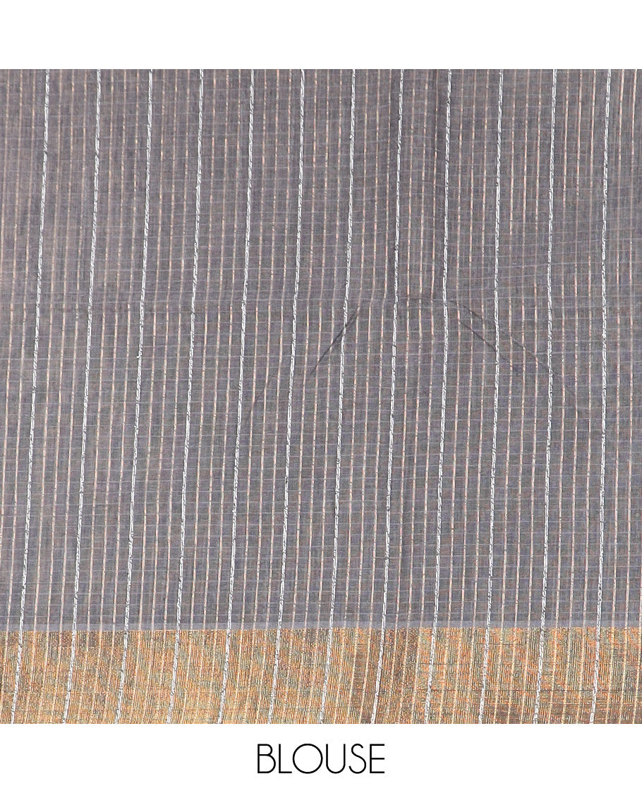 Elephant grey sparesly striped jute cotton saree, bavanji border, and striped pallu