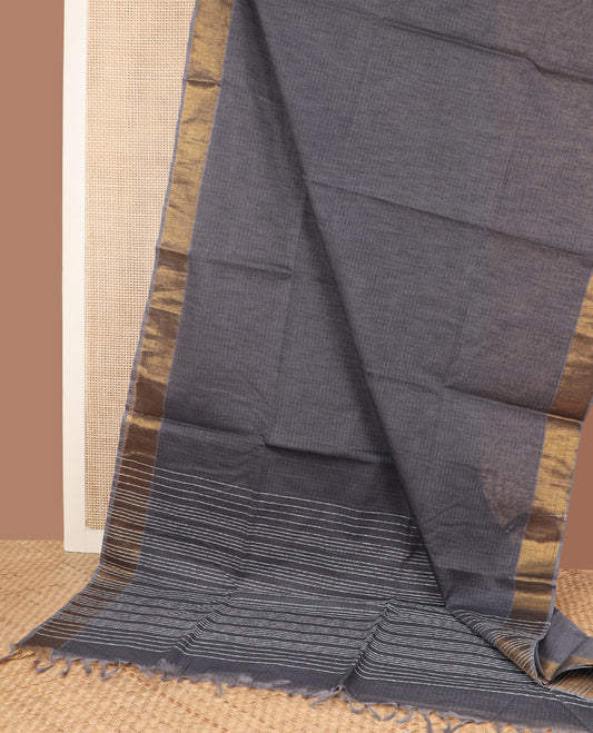 Elephant grey sparesly striped jute cotton saree, bavanji border, and striped pallu