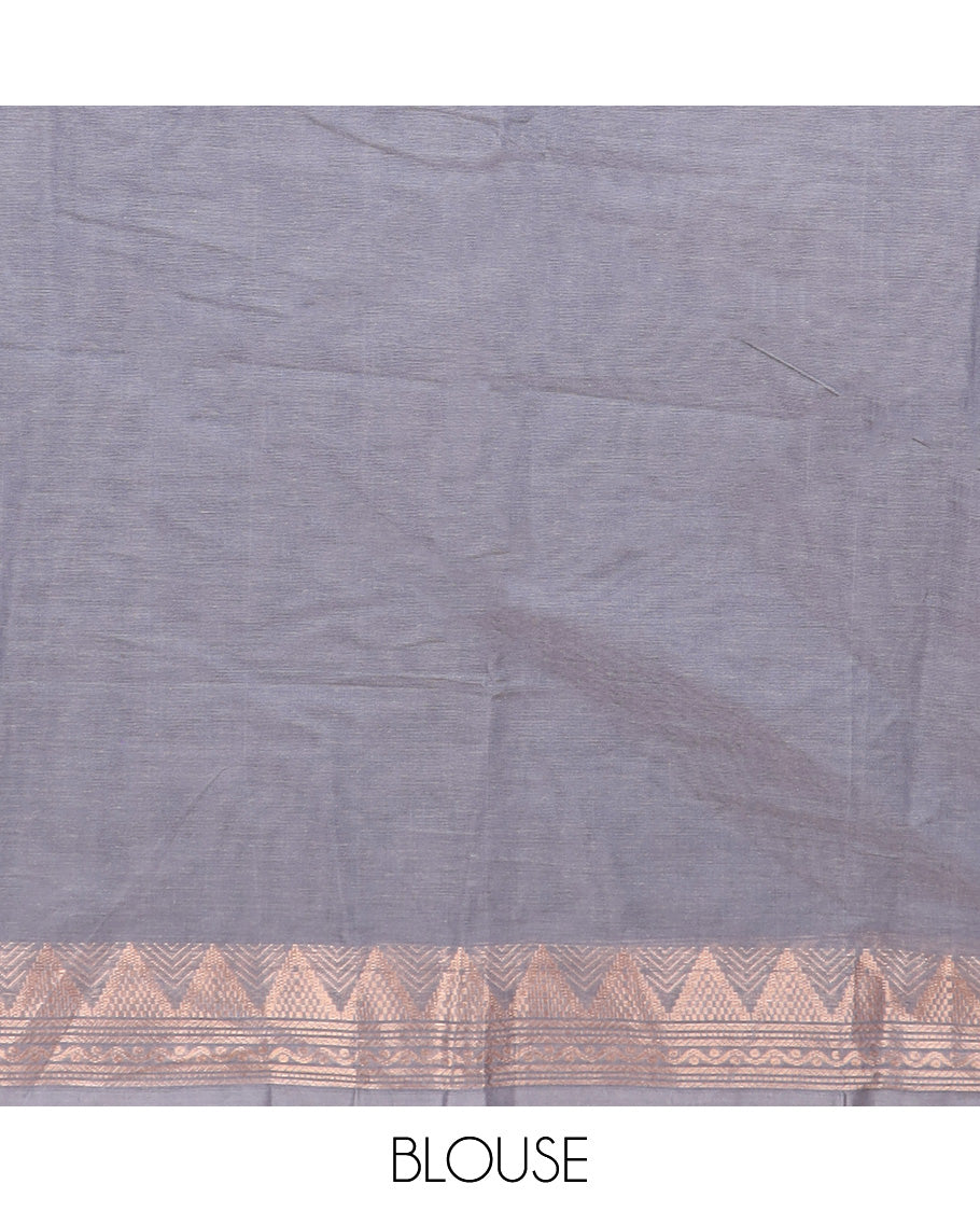 Grey zari buttas Coimbatore Cotton saree, traditional zari border, and pallu of geometric zari designs