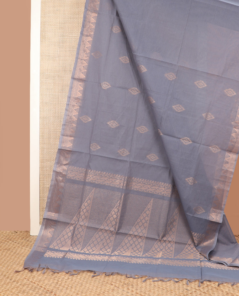 Grey zari buttas Coimbatore Cotton saree, traditional zari border, and pallu of geometric zari designs
