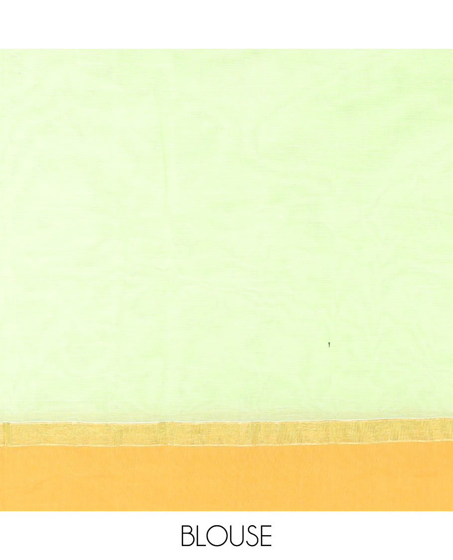 Pista green paisley buttas kanchi cotton saree, contrast plain border, and chakram design pallu