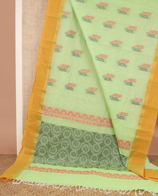 Pista green paisley buttas kanchi cotton saree, contrast plain border, and chakram design pallu