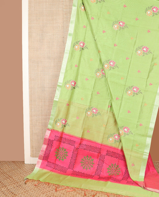 Green floral embroidered chirala cotton saree, plain border, and contrast warli printed pallu
