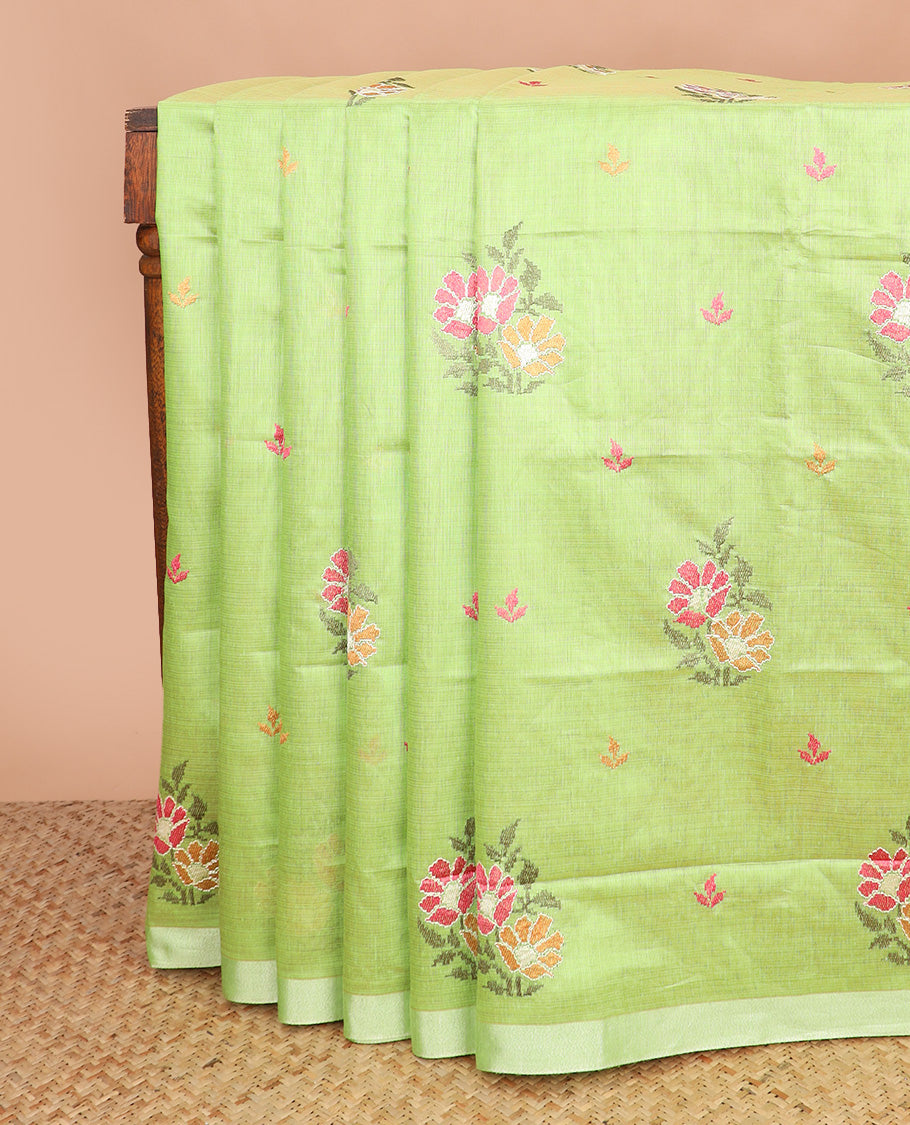 Green floral embroidered chirala cotton saree, plain border, and contrast warli printed pallu