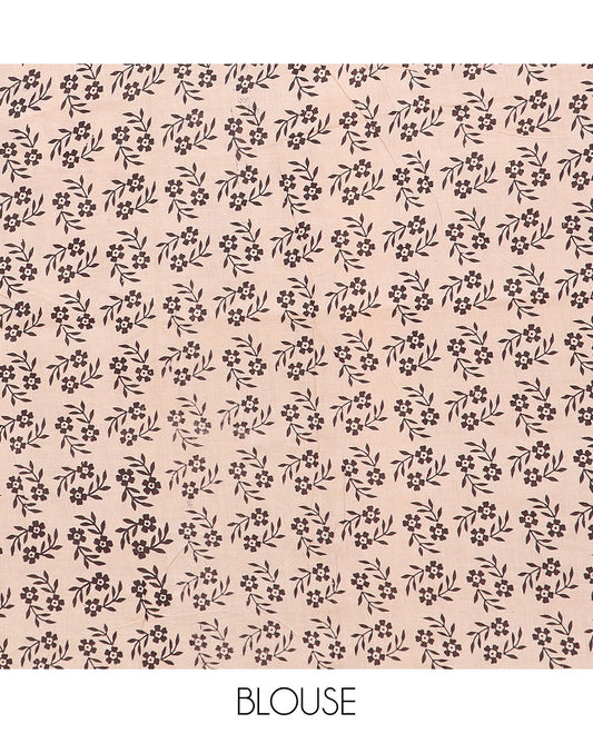 Brown floral vine machine-printed kalamkari cotton saree, contrast floral-peacock printed border, and pallu of floral and geometric print