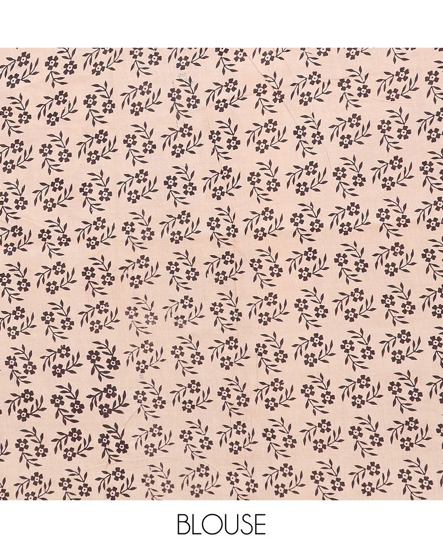 Brown floral vine machine-printed kalamkari cotton saree, contrast floral-peacock printed border, and pallu of floral and geometric print