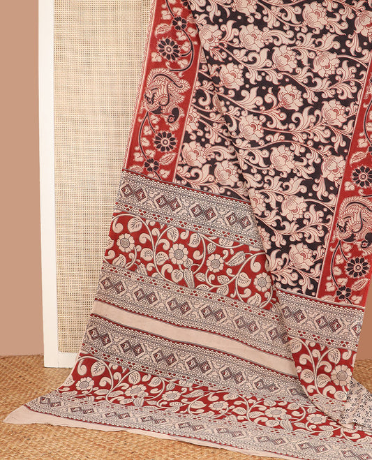 Brown floral vine machine-printed kalamkari cotton saree, contrast floral-peacock printed border, and pallu of floral and geometric print