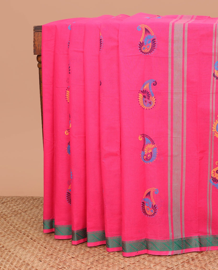 Pink paisley buttas Chettinad cotton saree, traditional design border, and striped pallu