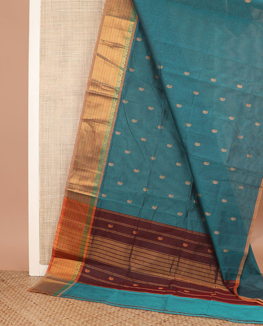 Blue paisley buttas Venkatagiri cotton saree, contrast traditional zari design border, and zari striped pallu