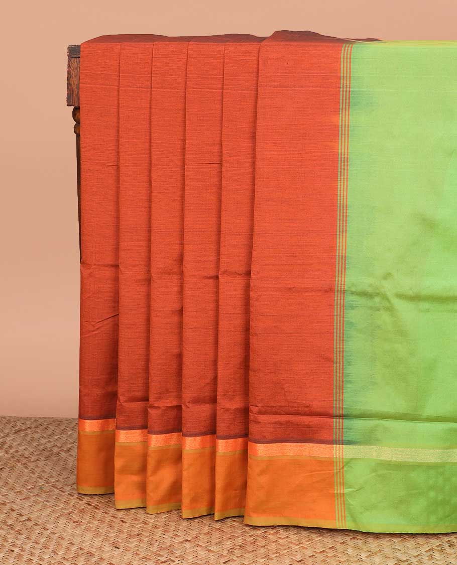 Orange plain poly cotton saree, contrast zari border, and contrast zari striped pallu