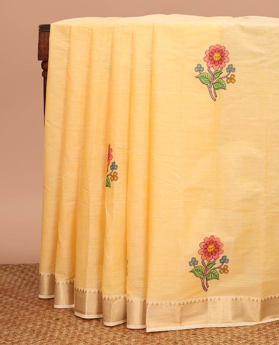 Yellow floral motifs printed chirala cotton saree, contrast temple zari border, and pallu of floral motifs print