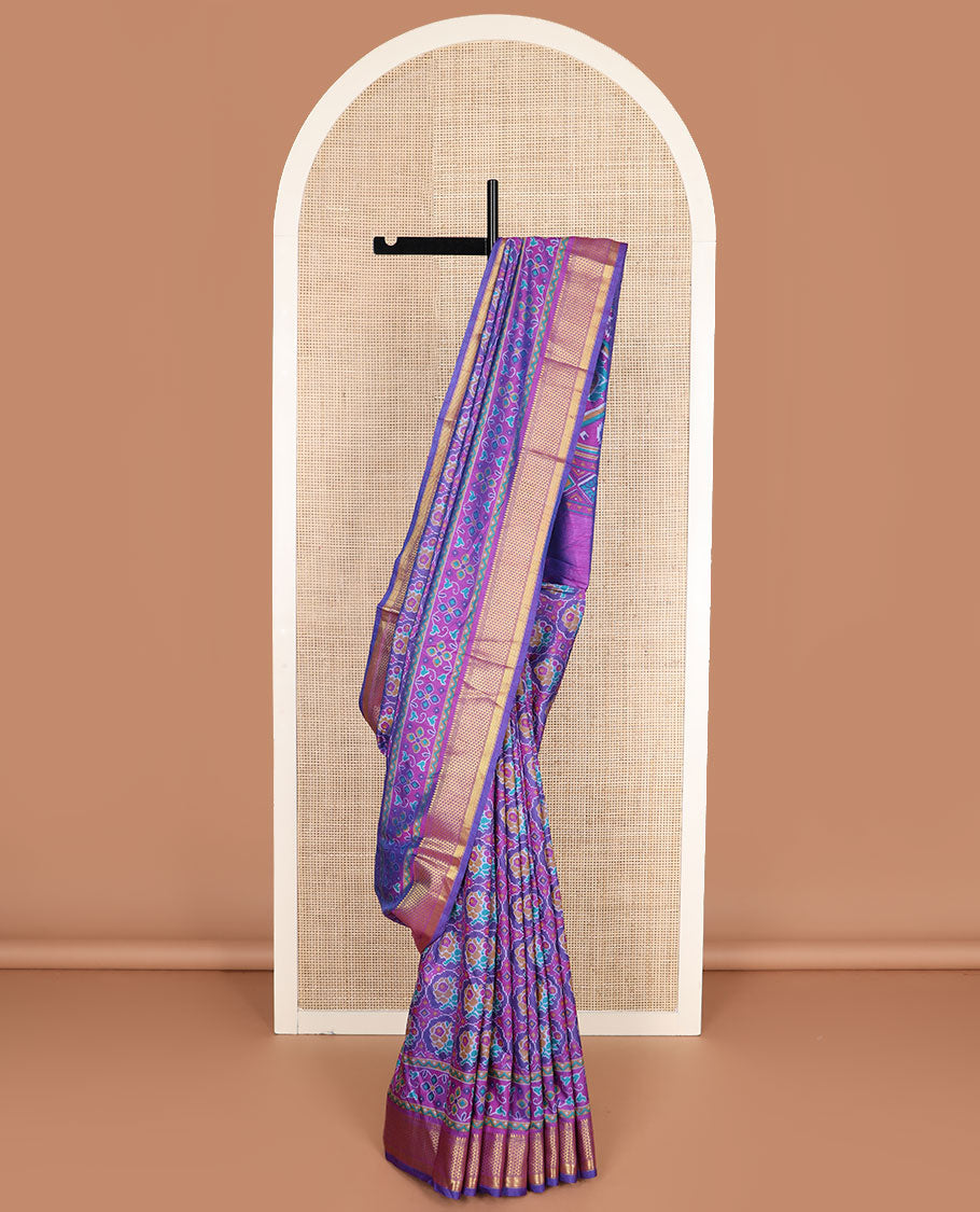 Violet ikkat design semi-banaras patola silk saree, traditional zari design border, and ikkat design pallu