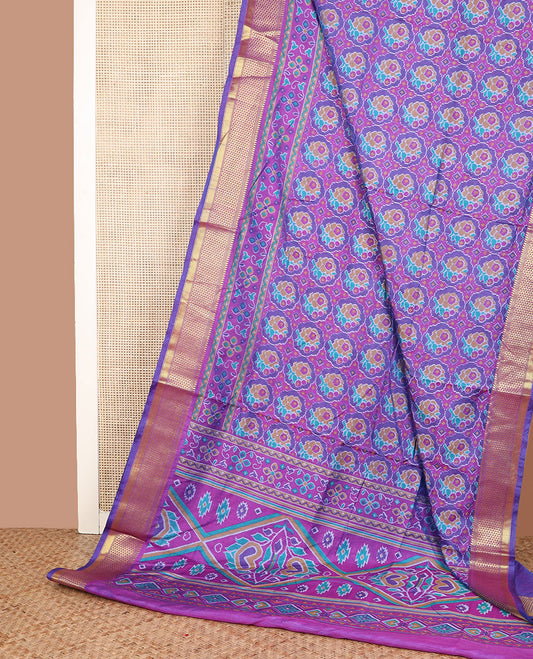 Violet ikkat design semi-banaras patola silk saree, traditional zari design border, and ikkat design pallu