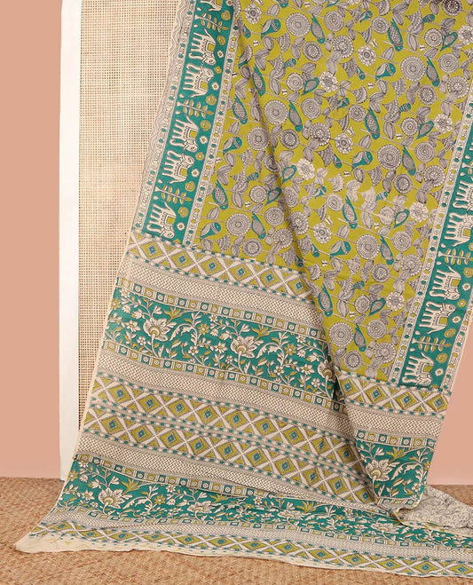 Green Machine-Printed Kalamkari Cotton Saree, Detailed with Floral and Bird Prints on Its Body, Contrast-Elephant Motifs Printed Border, Pallu of Floral-Jaal Print, and Paired with a Printed Blouse