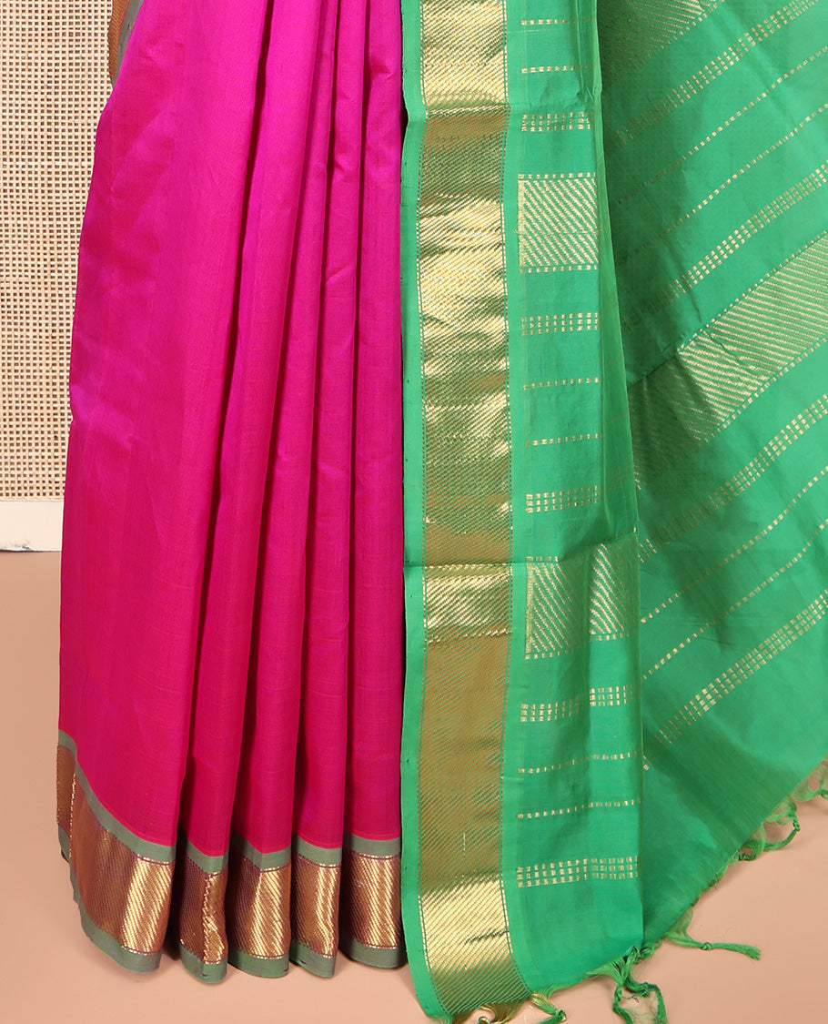 Pink Plain Poly Cotton Saree, Complemented by Contrast Zari Border, Zari Design Pallu, and Paired with a Contrast Blouse