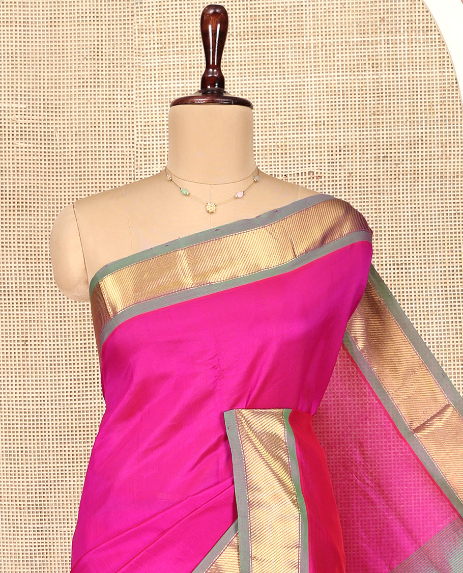 Pink Plain Poly Cotton Saree, Complemented by Contrast Zari Border, Zari Design Pallu, and Paired with a Contrast Blouse