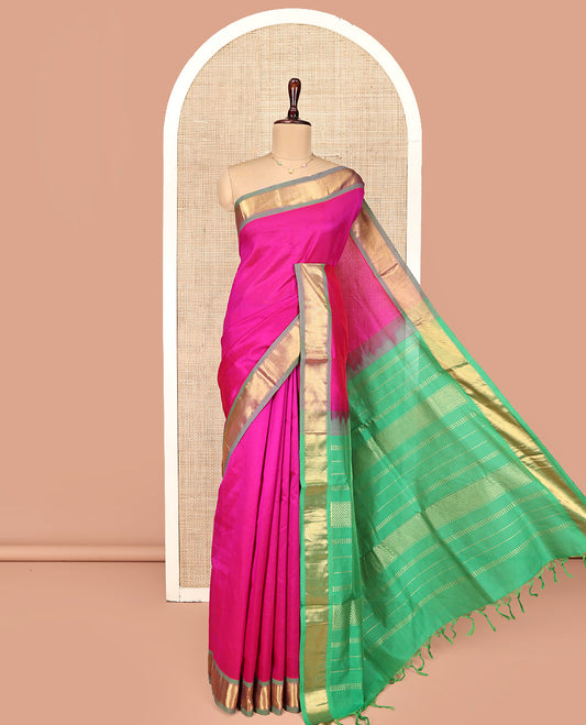 Pink Plain Poly Cotton Saree, Complemented by Contrast Zari Border, Zari Design Pallu, and Paired with a Contrast Blouse
